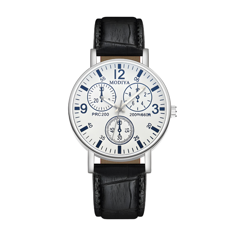 Montre à Quartz pour Hommes Modiya Bracelet en Cuir PU avec 3 Petit Cadran Modèle 999 Blanc Noir — ECO · Smarty Paris 18e